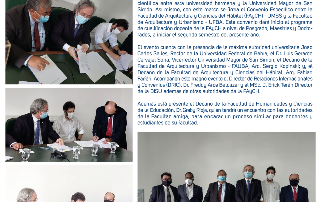 Firma de Convenio entre la Facultad de Arquitectura y Ciencias del Hábitat (FAyCH) – UMSS (Bolivia), y la Facultad de Arquitectura y Urbanismo – UFBA (Brasil).